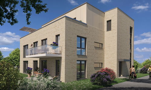 Modernes dreistöckiges Wohnhaus mit hellem Backstein, Balkon mit Glasgeländer und Garten mit Blumen