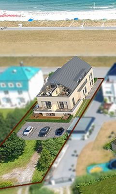 Modernes Stadthaus mit Flachdach und Balkon, umgeben von Nachbarhäusern, nahe Strand und Meer